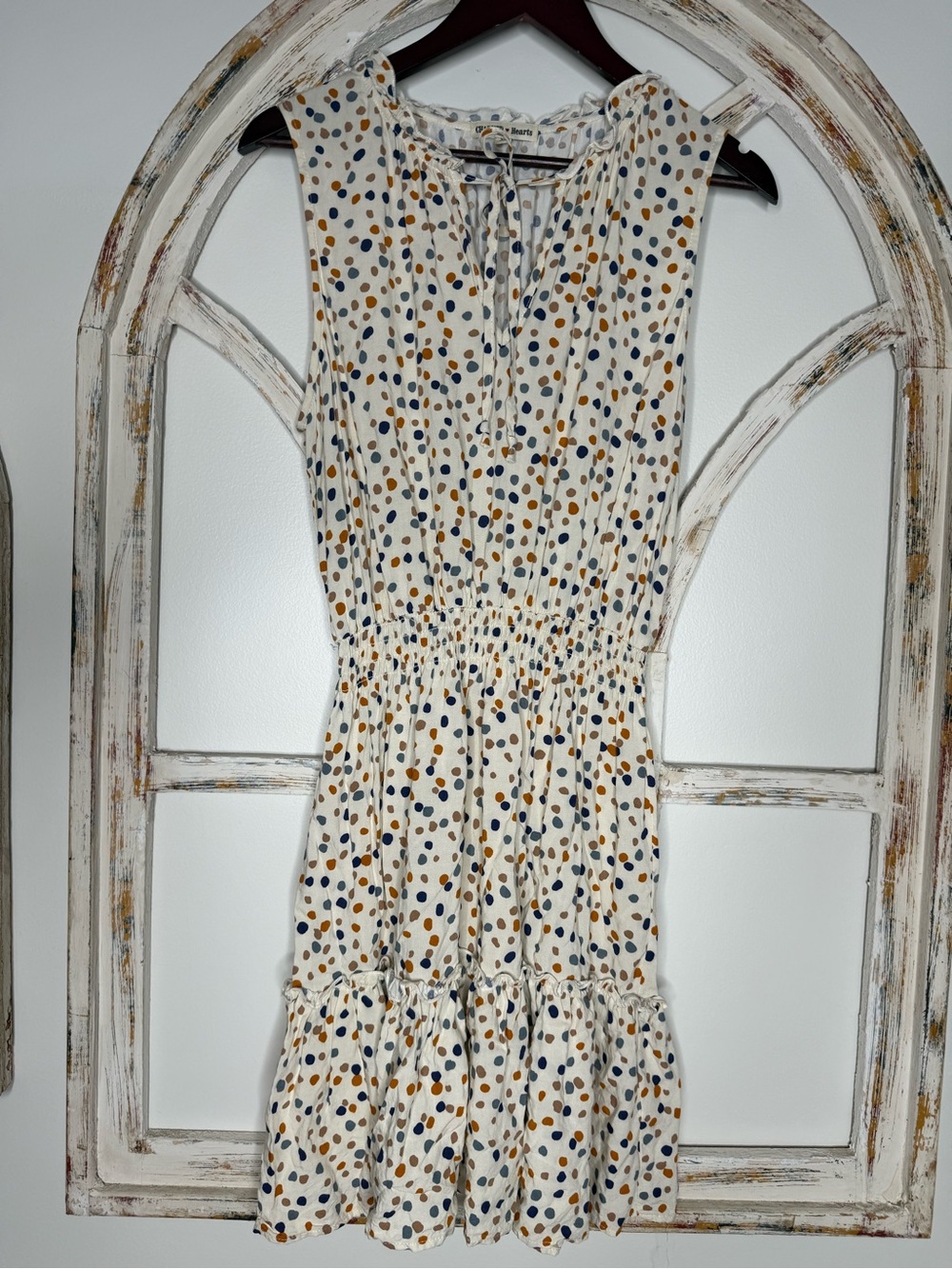 Charmed Hearts Polka Dot Sleeveless Dress - Cream with Navy & Mustard Dots-Sz XL